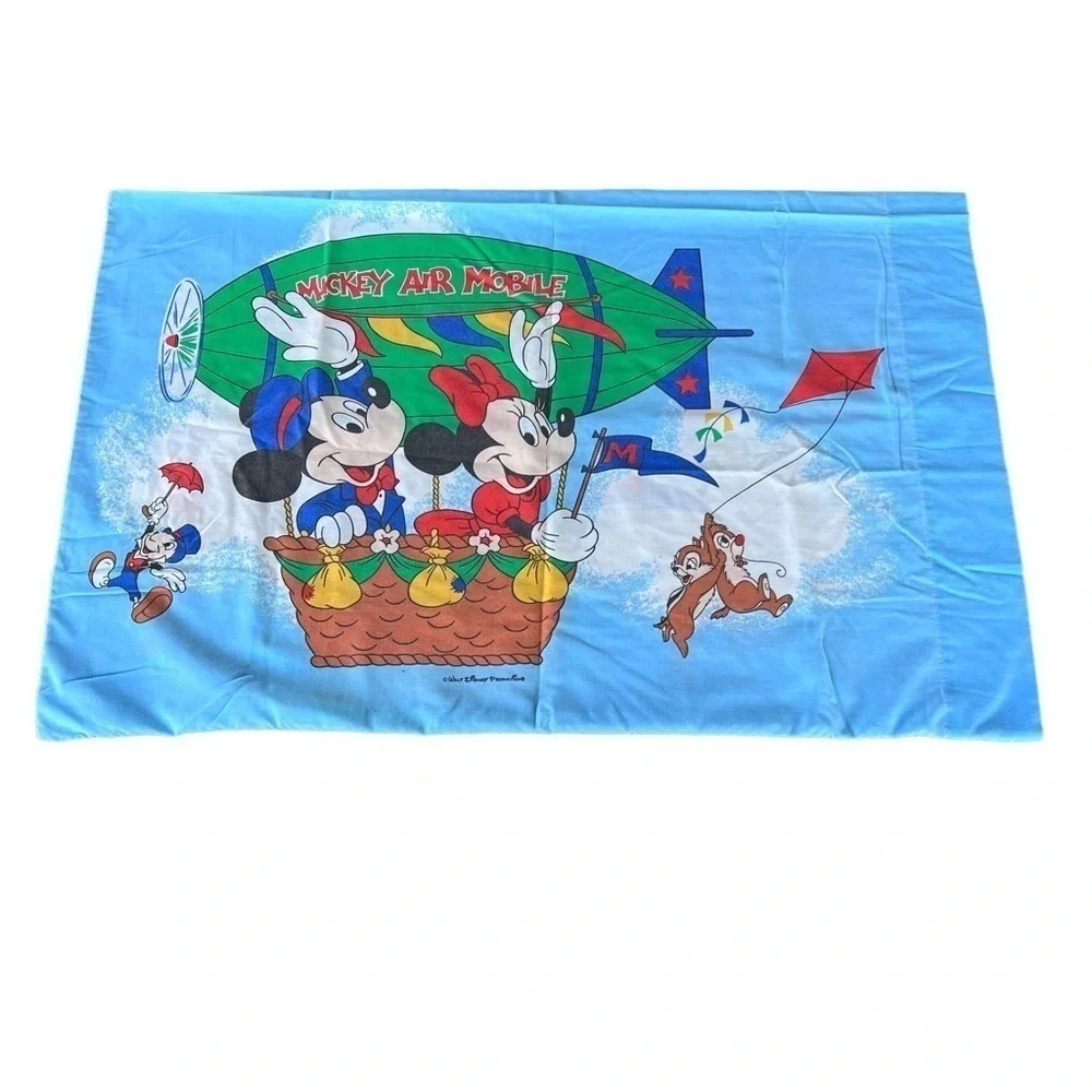 VTG Disney Mickey Minnie Hot Air Balloon Pillowcase Chipmunks Jiminy Cricket GUC